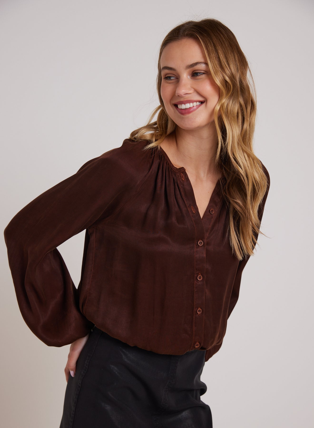 Bella DahlShirred Button Front Blouse - Mahogany BrownTops