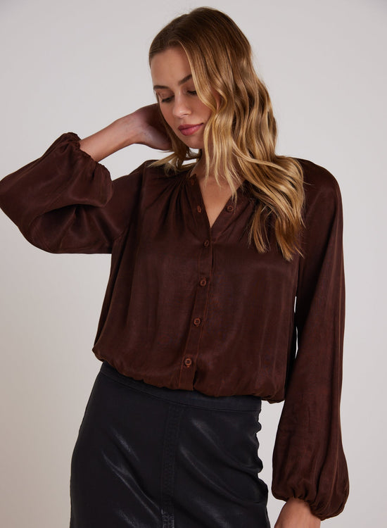 Bella DahlShirred Button Front Blouse - Mahogany BrownTops