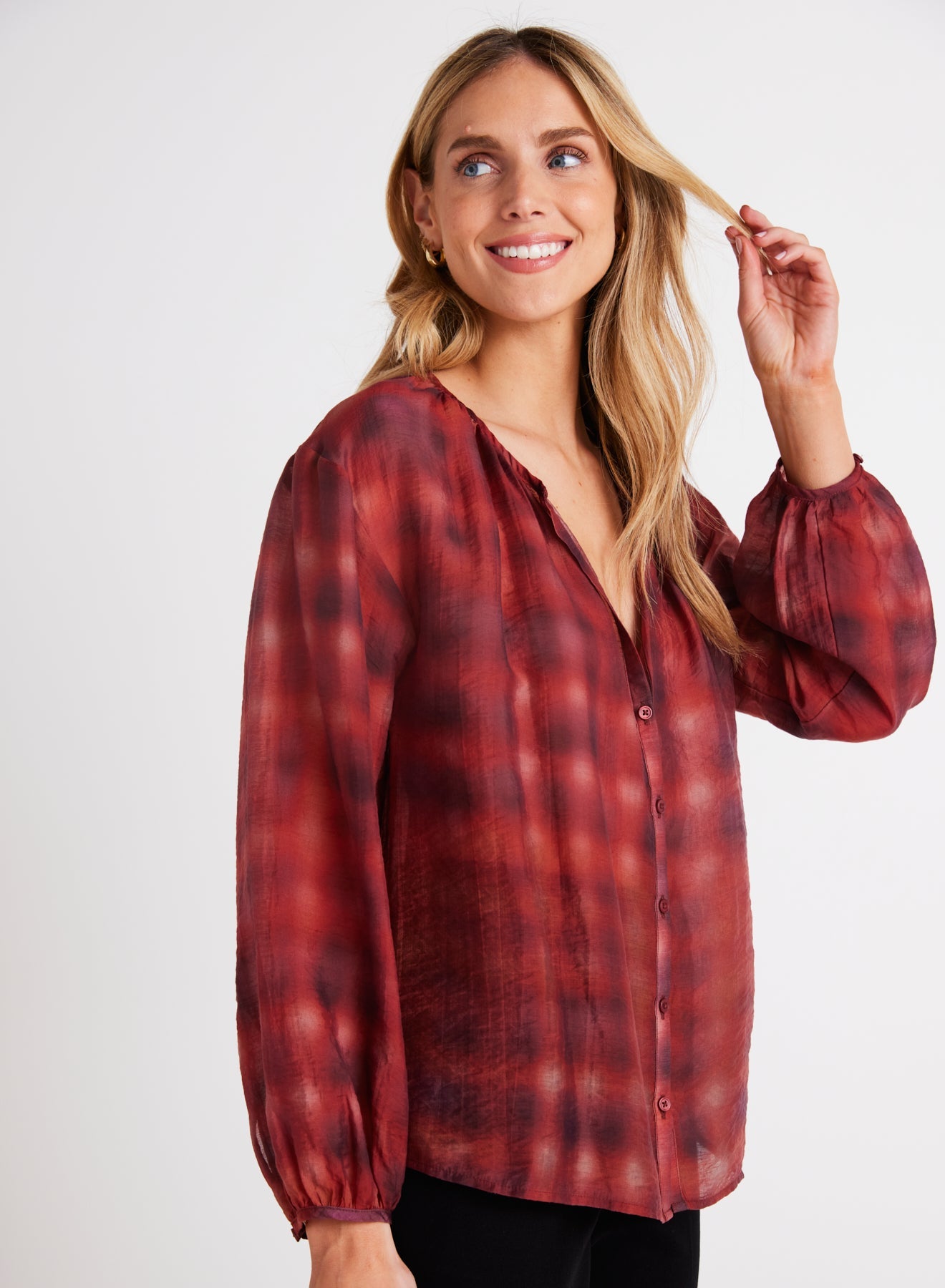 Bella DahlShirred Neck Blouse - Blurred Plaid PrintTops