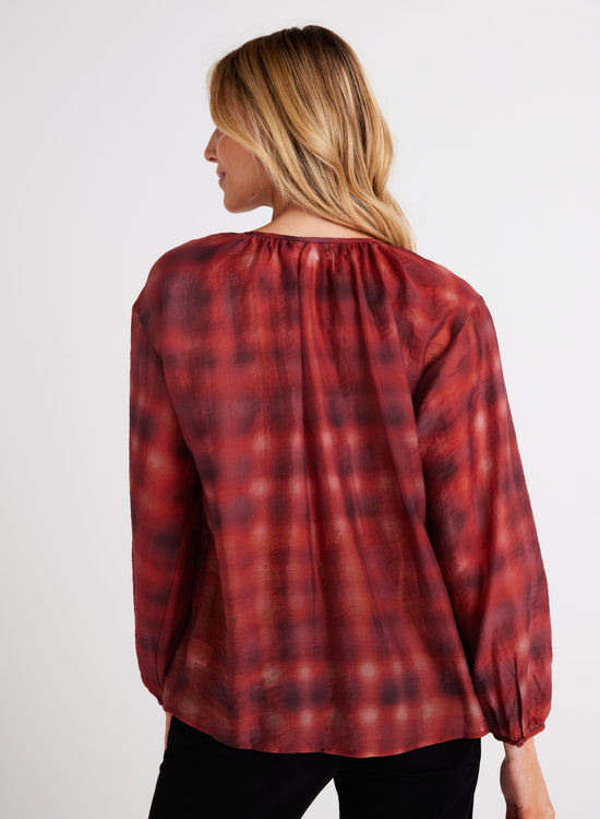 Bella DahlShirred Neck Blouse - Blurred Plaid PrintTops