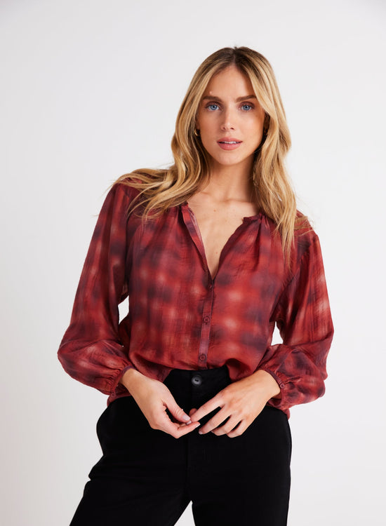 Bella DahlShirred Neck Blouse - Blurred Plaid PrintTops