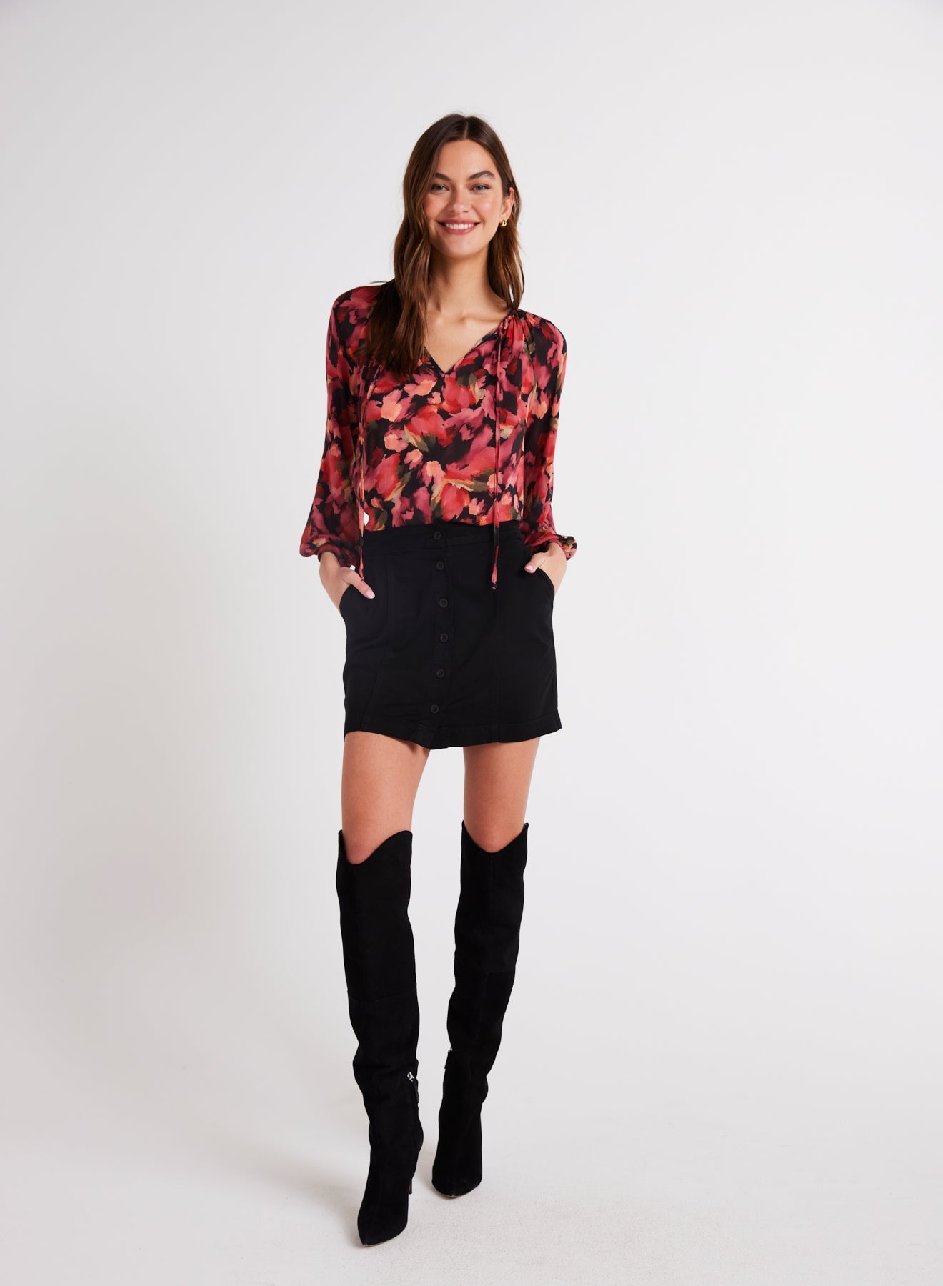 Bella DahlShirred Raglan Tie Front Blouse - Autumn Bloom PrintTops