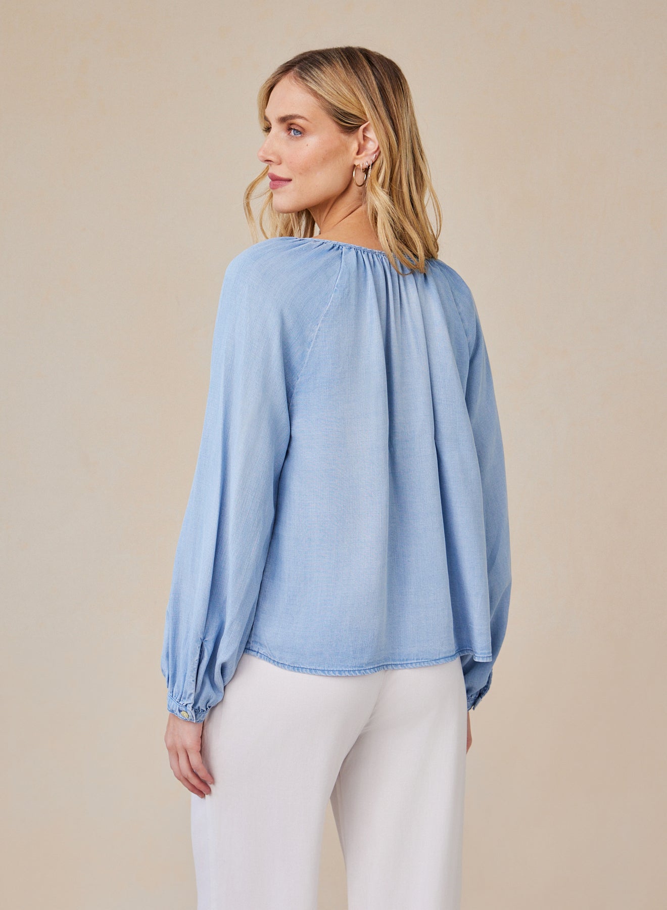 Bella DahlShirred Raglan Tie Front Blouse - Coastal Spray WashTops