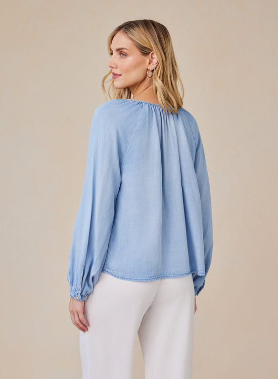 Bella DahlShirred Raglan Tie Front Blouse - Coastal Spray WashTops