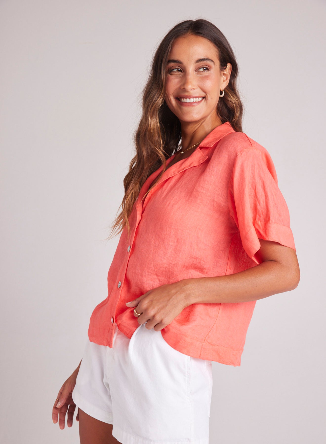 Bella DahlShort Sleeve Flowy Button Down - Hibiscus BloomTops