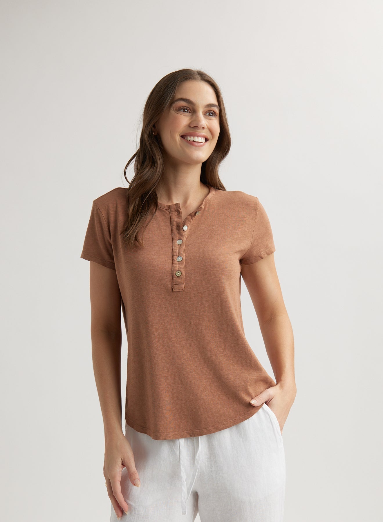 Bella DahlShort Sleeve Henley - Terracotta BrownTops