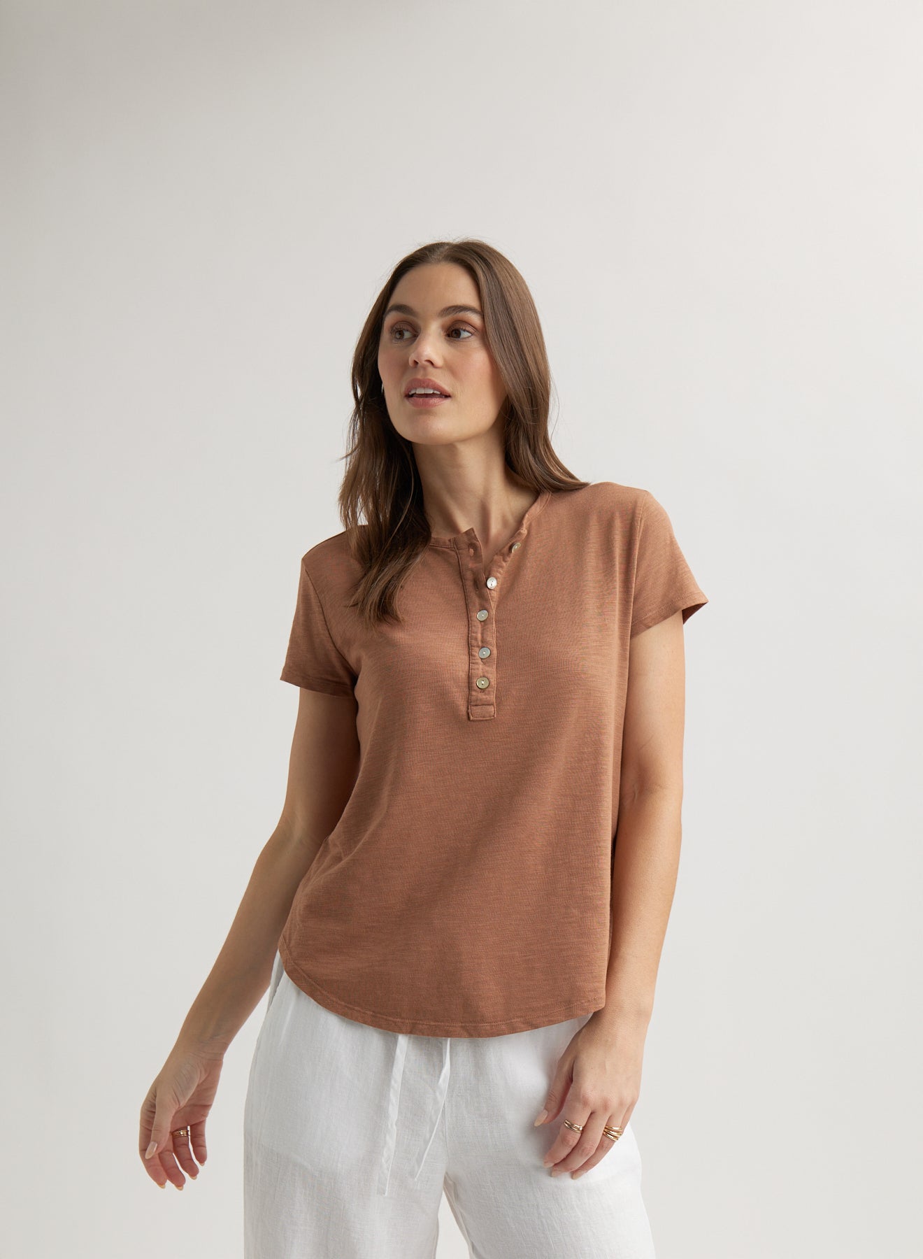 Bella DahlShort Sleeve Henley - Terracotta BrownTops