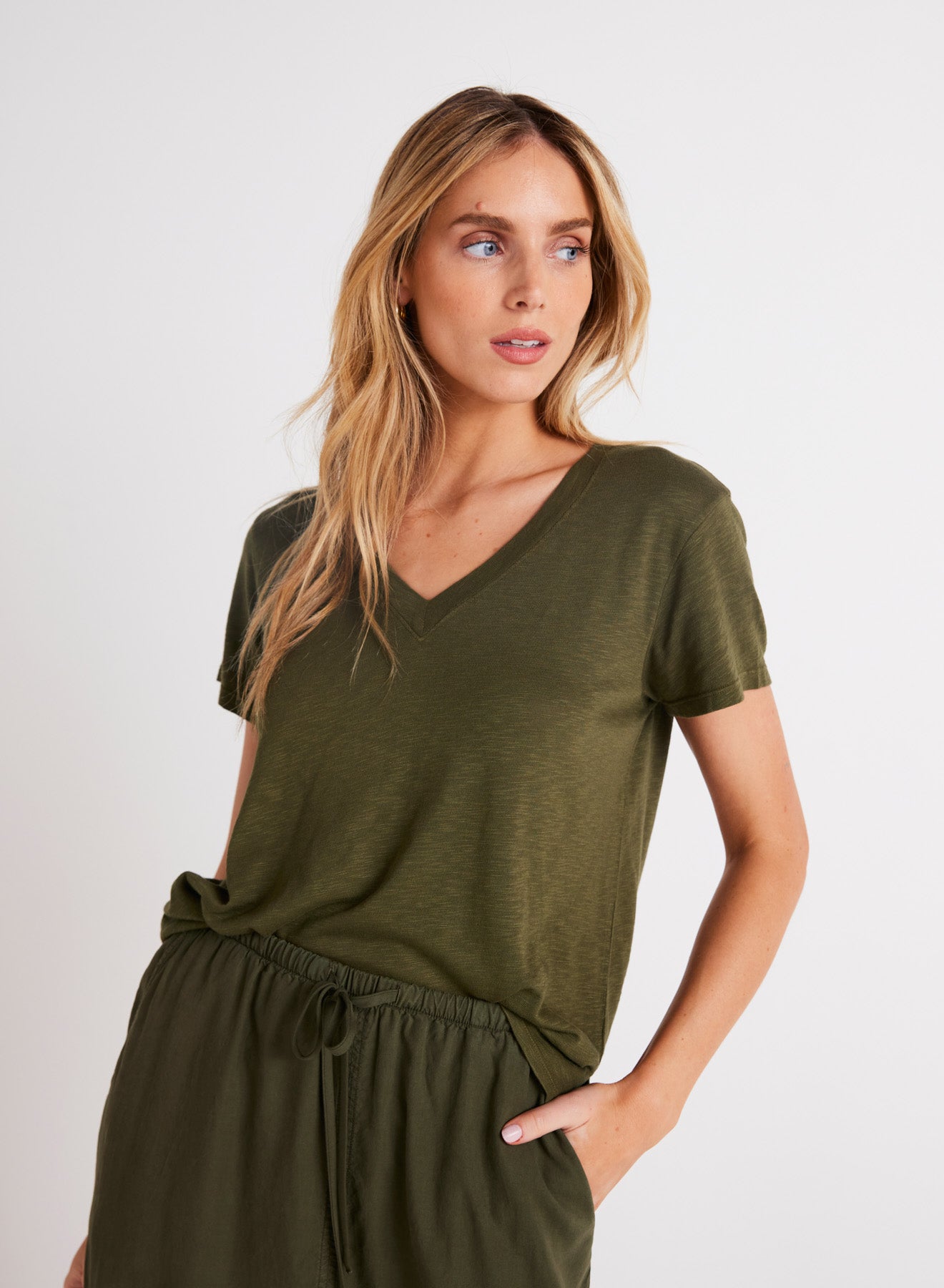 Bella DahlSide Slit V - Neck Tee - Italian HerbTops