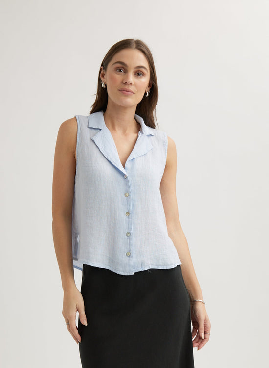 Bella DahlSleeveless Notch Collar Button Down - Perennial BlueTops