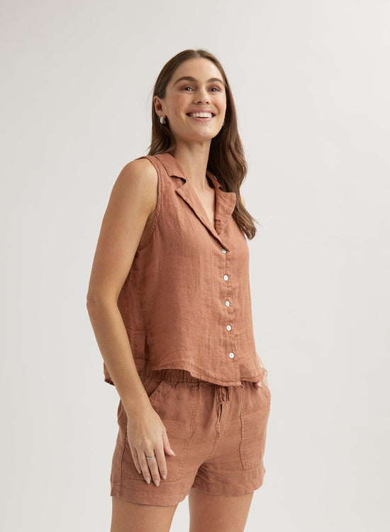 Bella DahlSleeveless Notch Collar Button Down - Terracotta BrownTops