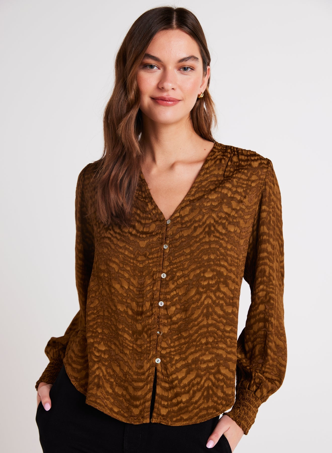 Bella DahlSmocked Cuff Button Down - Bronzed OliveTops