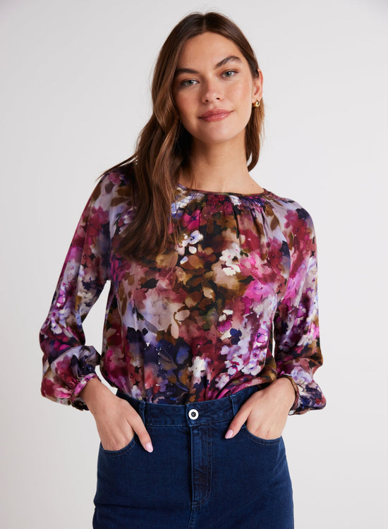 Bella DahlSmocked Neck Raglan Sleeve Top - Twilight Fleur PrintTops