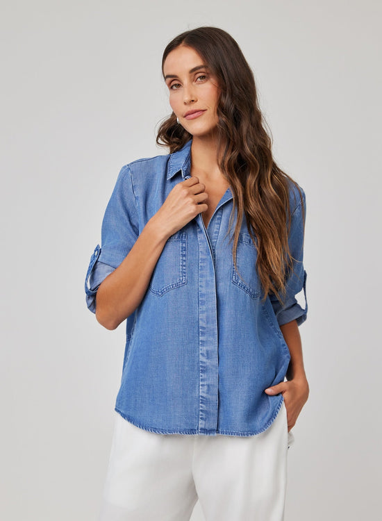 Bella DahlSplit Back Button Down - Moonlit Haze WashTops