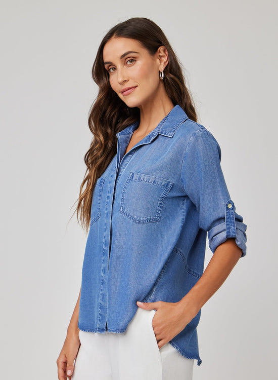 Bella DahlSplit Back Button Down - Moonlit Haze WashTops