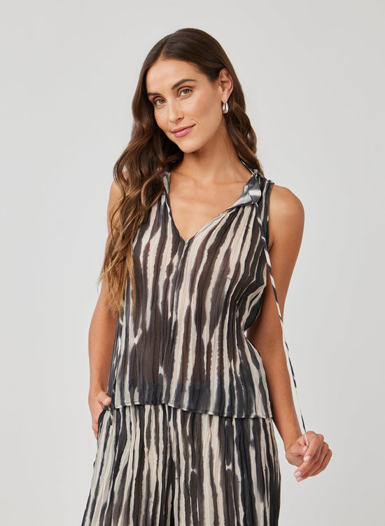 Bella Dahl Tie Neck Pleated Top - Brushed Stripe PrintTops