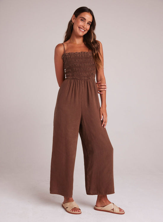 Bella DahlWide Leg Smocked Ruffle Jumpsuit - Botanical BrownJumpsuits & Rompers