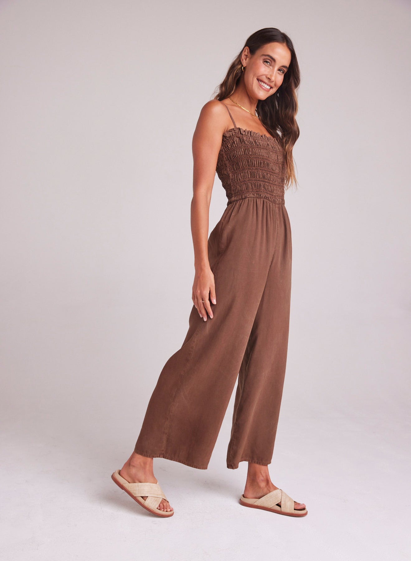 Bella DahlWide Leg Smocked Ruffle Jumpsuit - Botanical BrownJumpsuits & Rompers