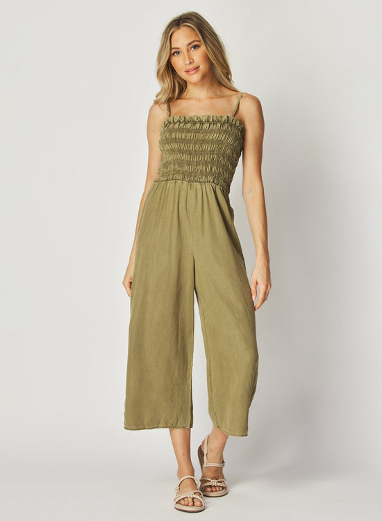 Bella DahlWide Leg Smocked Ruffle Jumpsuit - French OliveJumpsuits & Rompers