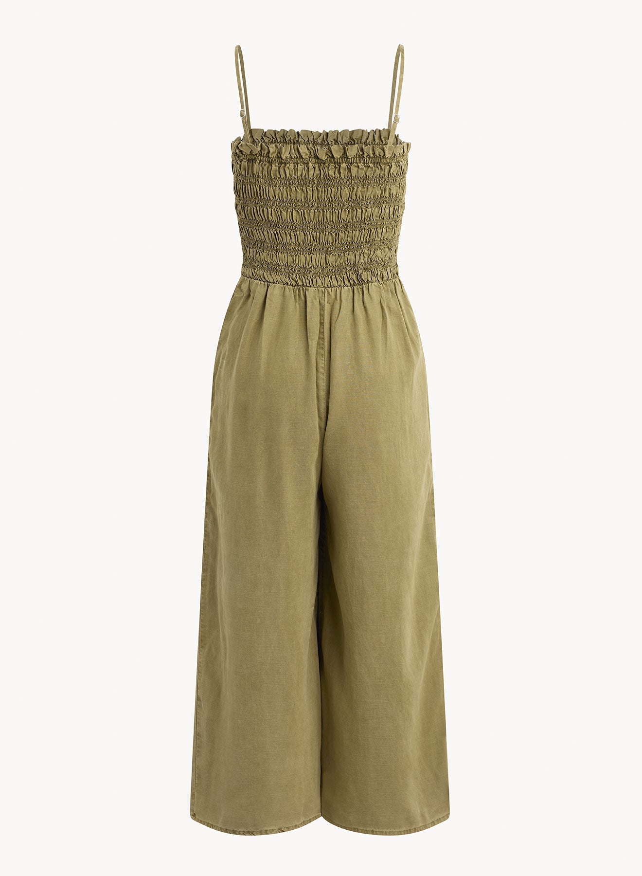 Bella DahlWide Leg Smocked Ruffle Jumpsuit - French OliveJumpsuits & Rompers