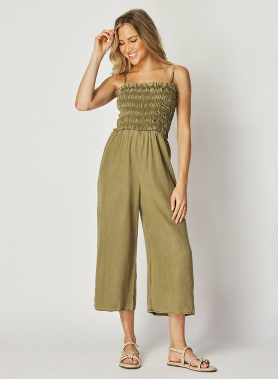 Bella DahlWide Leg Smocked Ruffle Jumpsuit - French OliveJumpsuits & Rompers