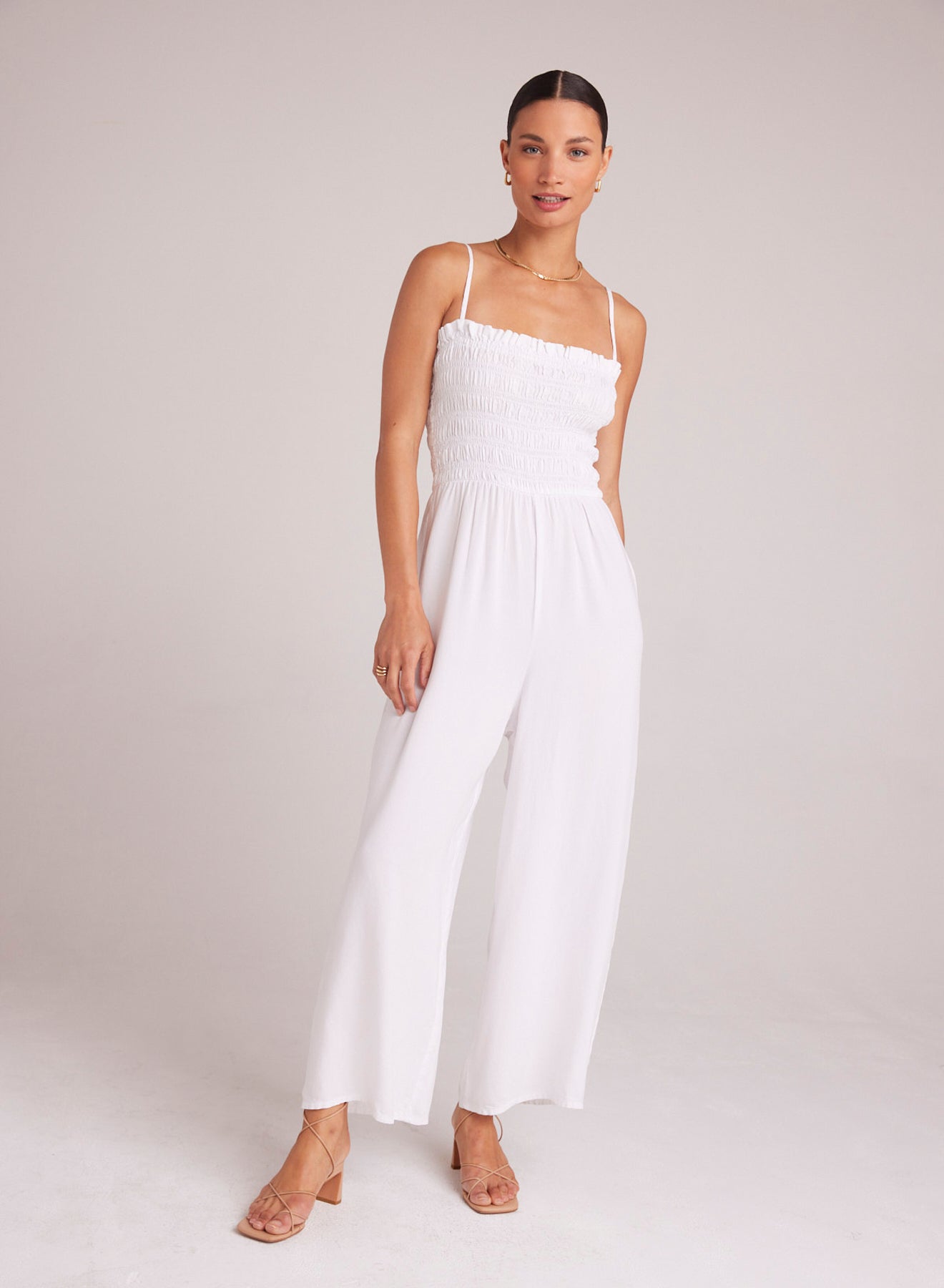 Bella DahlWide Leg Smocked Ruffle Jumpsuit - WhiteJumpsuits & Rompers