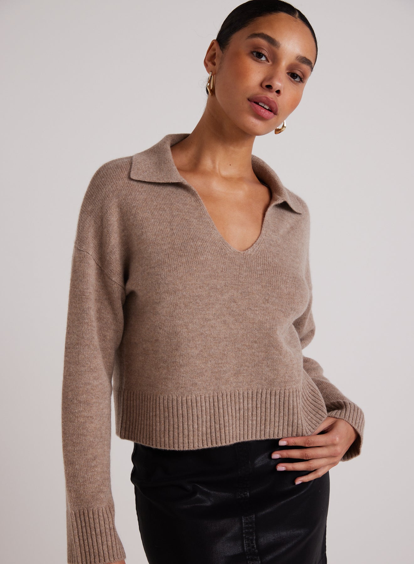 Bella DahlWool and Cashmere Blend Collared Sweater - Heather FawnSweaters & Jackets