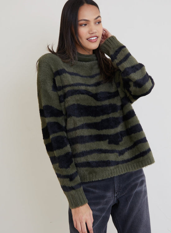 Bella DahlFuzzy Mock Neck Sweater - Jasper Green ZebraSweaters & Jackets