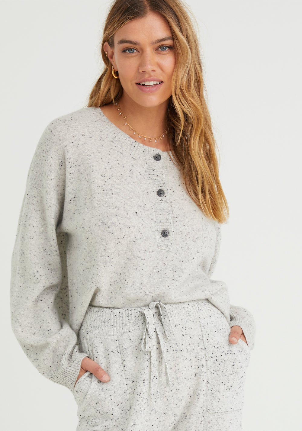 Bella DahlCashmere Henley Sweater - Light Grey SpeckleSweaters & Jackets