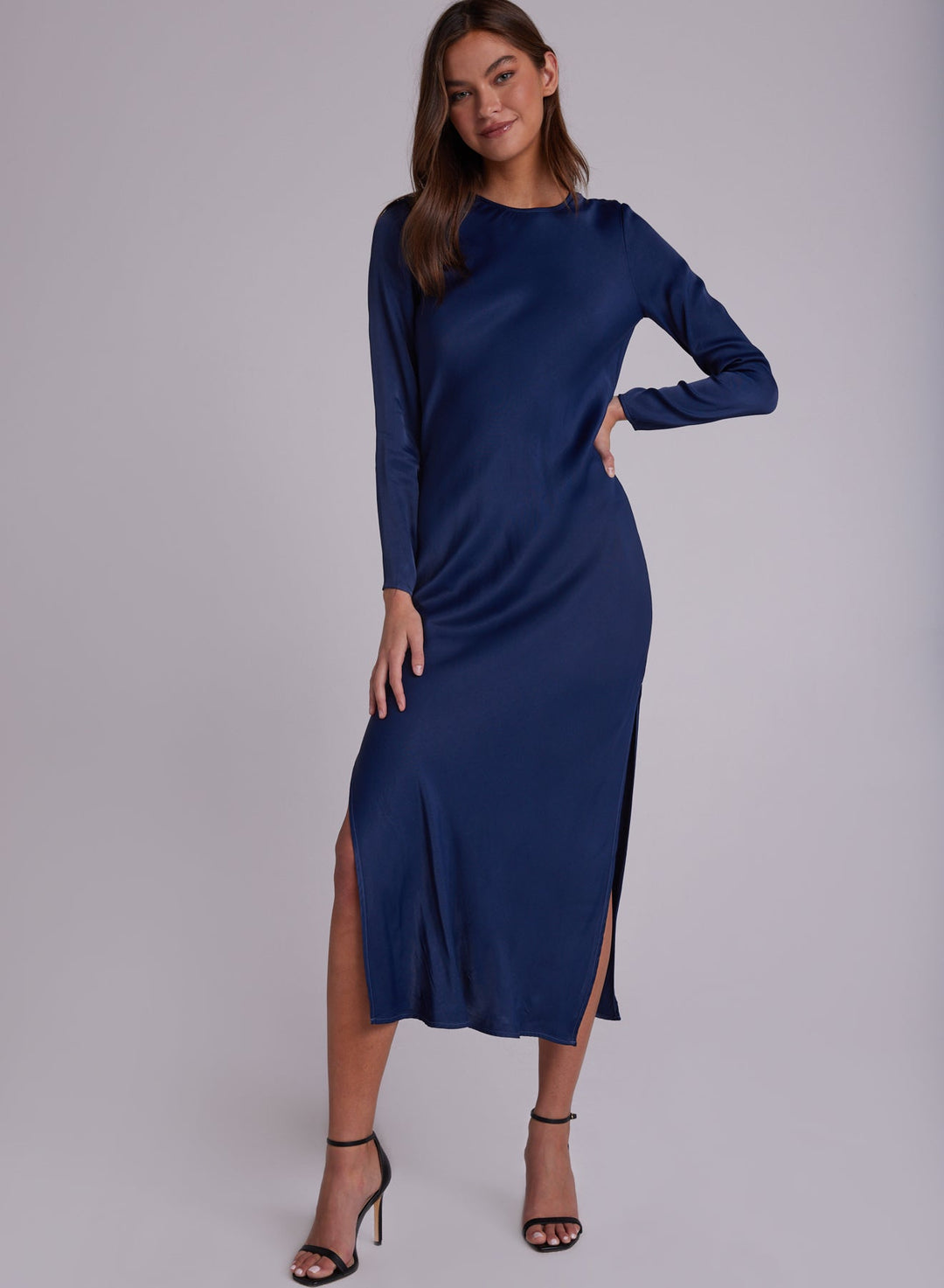 Bias Long Sleeve Slip Dress - Dark Azure - DARK AZURE / XS