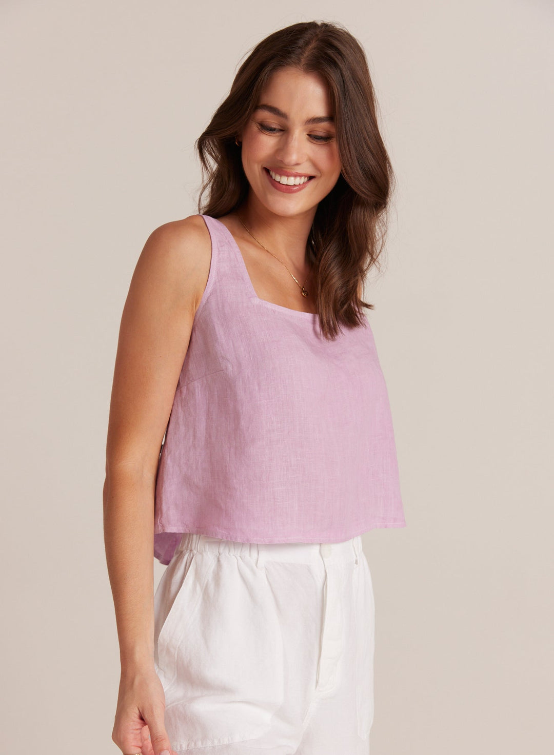 Button Back Linen Tank Light Orchid LIGHT ORCHID XS