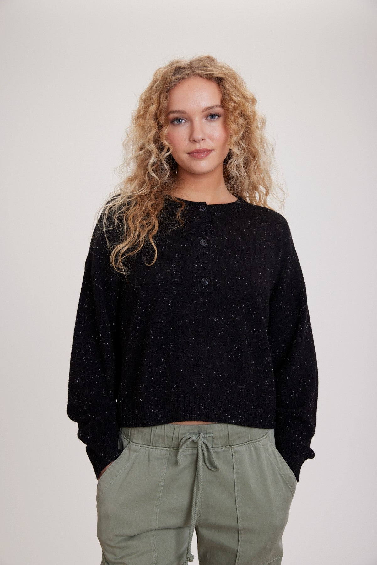 Bella DahlCashmere Henley Sweater - Black SpeckleSweaters & Jackets