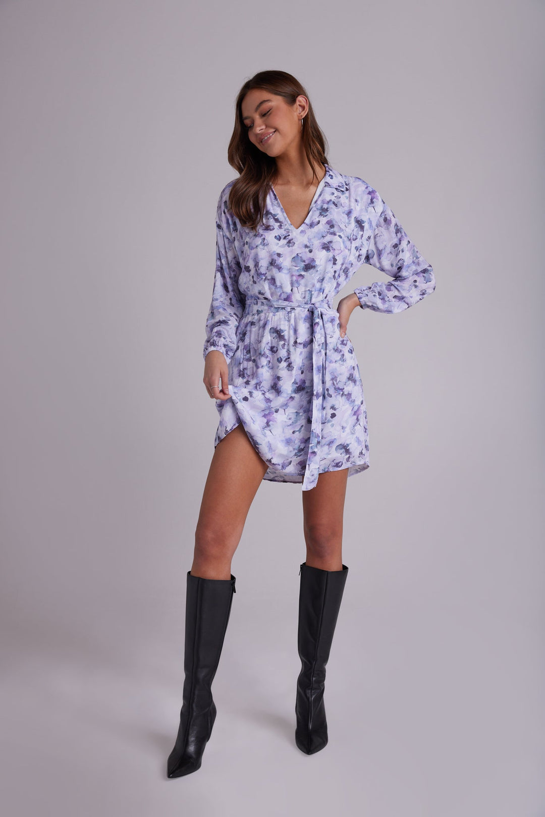 Elastic Waist Tunic Dress Lilac Floret Print LILAC FLORET PRINT XS