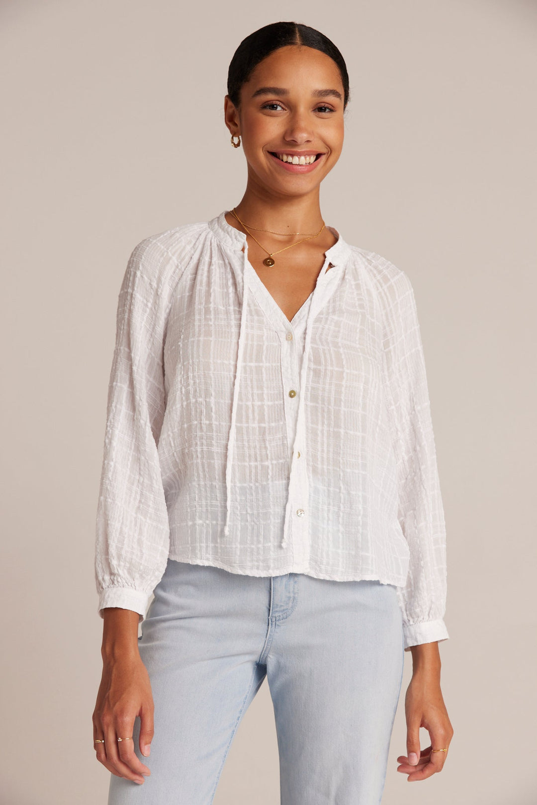 Woven Plaid Raglan Blouse White WHITE XS