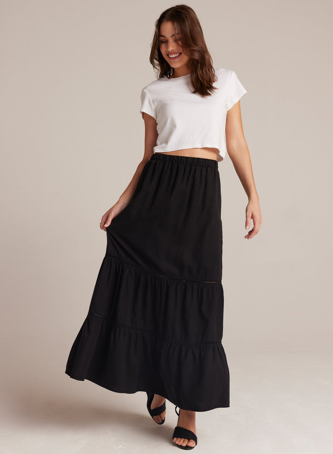 Ladder Trim Tiered Maxi Skirt White WHITE XS