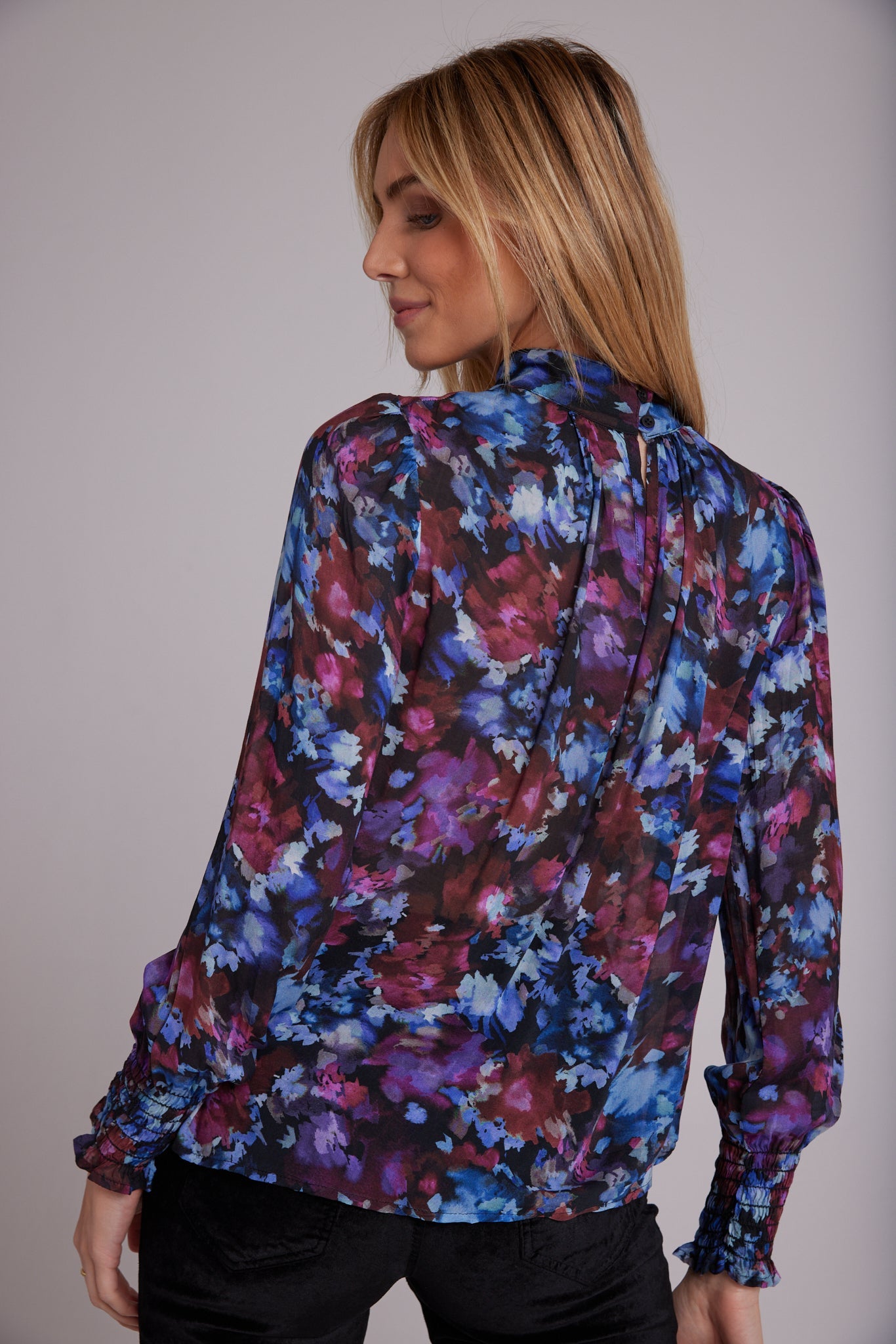 Bella DahlMock Neck Smocked Cuff Top - Midnight Bloom PrintTops