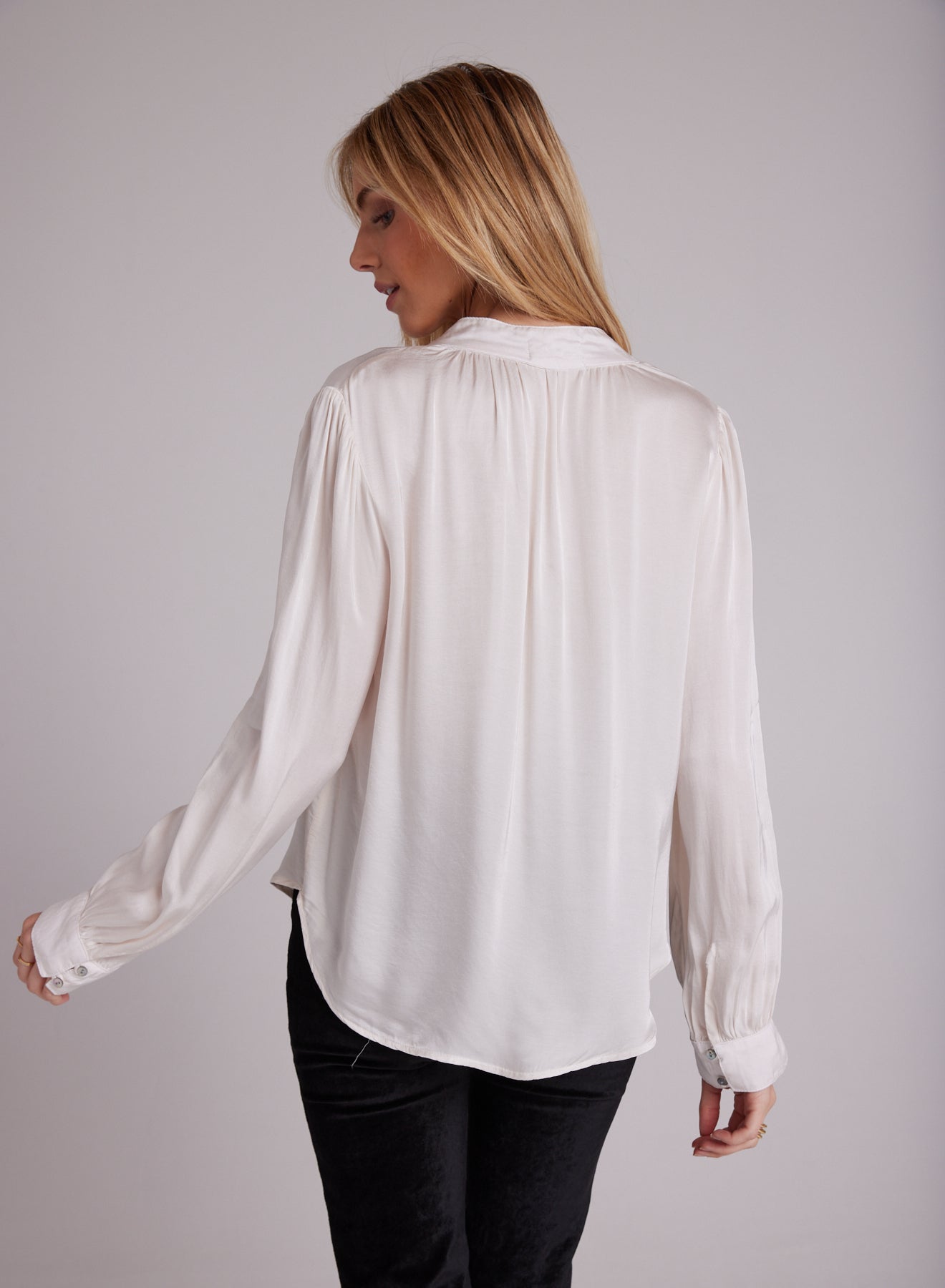 Bella DahlSatin Button Up Blouse- Soft AlabasterTops