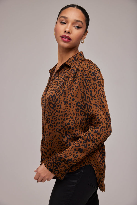 Bella DahlSatin Leopard Pleated Button Down Shirt -Gold Spots PrintTops