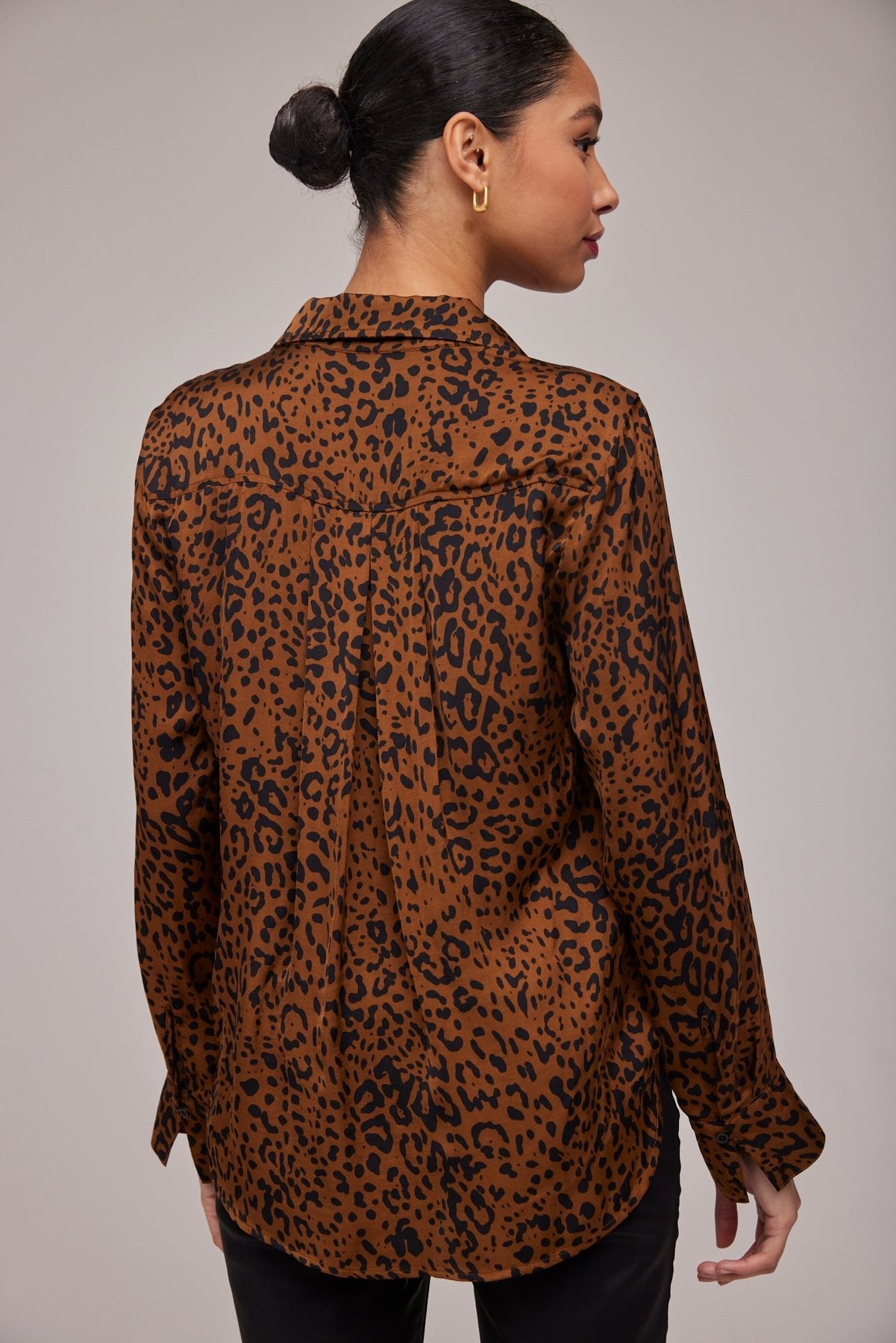 Bella DahlSatin Leopard Pleated Button Down Shirt -Gold Spots PrintTops