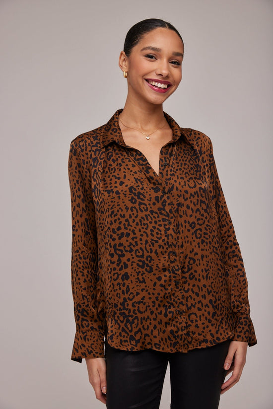 Bella DahlSatin Leopard Pleated Button Down Shirt -Gold Spots PrintTops