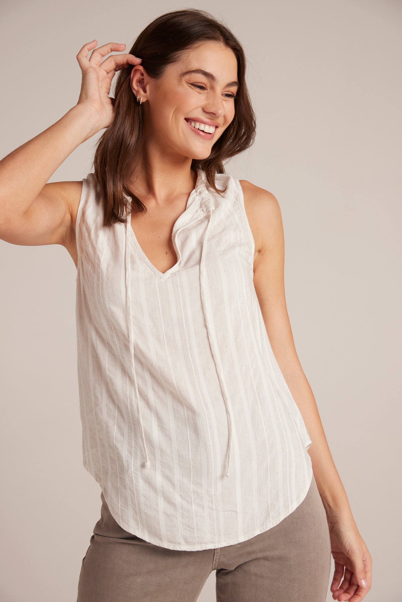 Shirred Neck Sleeveless Pullover - White Sand Stripe