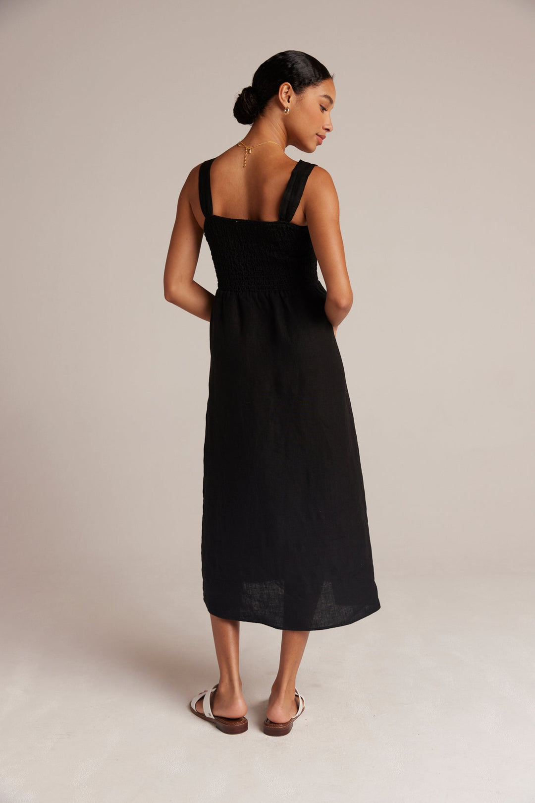 Smocked Linen Midi Dress Black BLACK XS