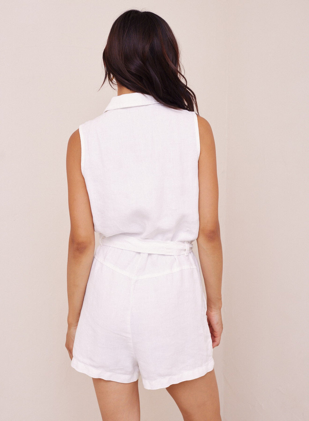 Zip Front Linen Romper - White - WHITE / L